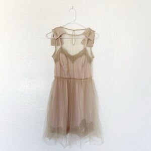 Rodarte Bow Lace Tulle Dress Ribbon Bow Tie Romantic Mini Peach Pink Tan Sheer S